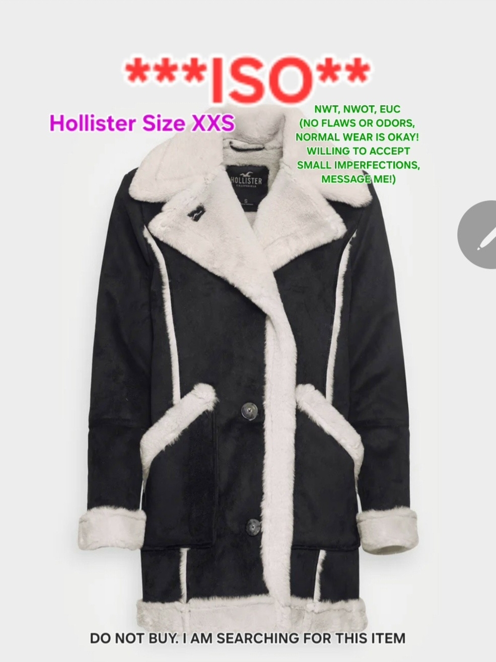 ***ISO*** Hollister XXS Black Teddy Jacket with Cream Faux Shearling Trim